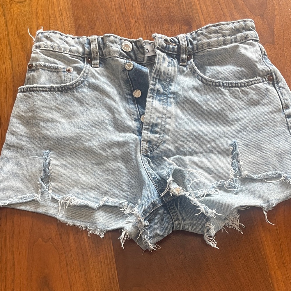 Zara Light Blue Distressed Denim Shorts